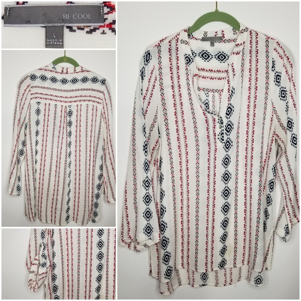 Be Cool Cream Rayon Boho Style Aztek Design Tunic